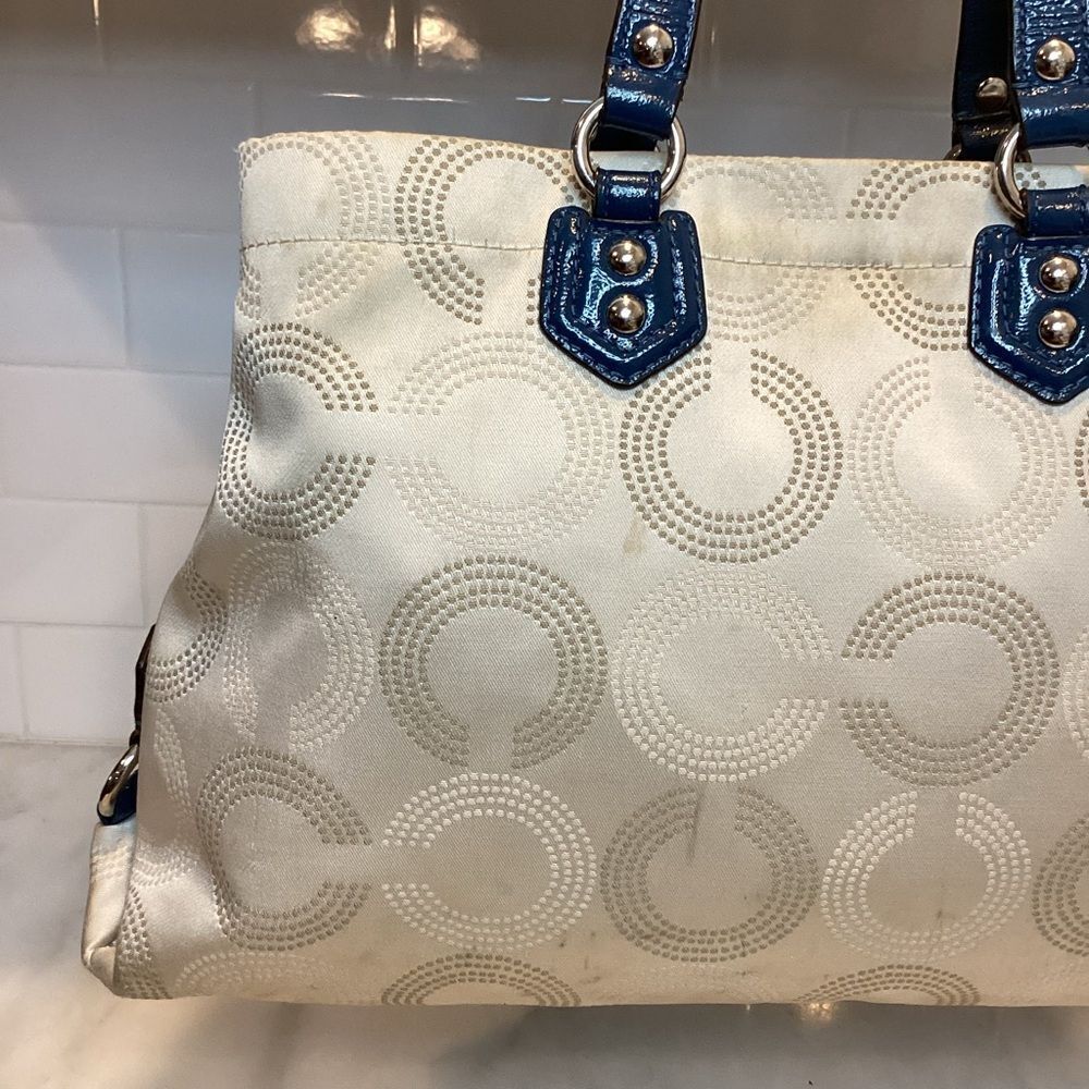 Coach Bag Purse Handbag Ashley Dotted OpArt Tan Blue Canvas Leather Carry All - Picture 4 of 14